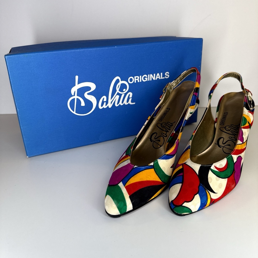 Bahia Originals Heels Size 8M Multicolor Abstract Slingback 80s Y2K Retro Art